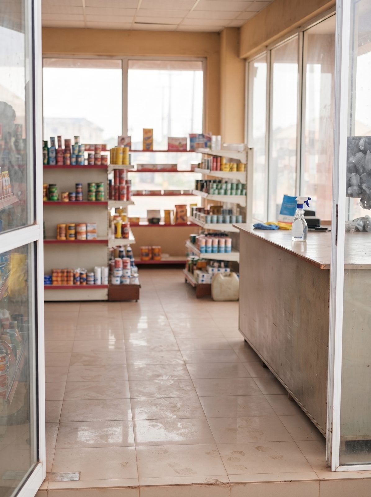 A retail shop floor with polished tiles and stocked shelves after commercial cleaning