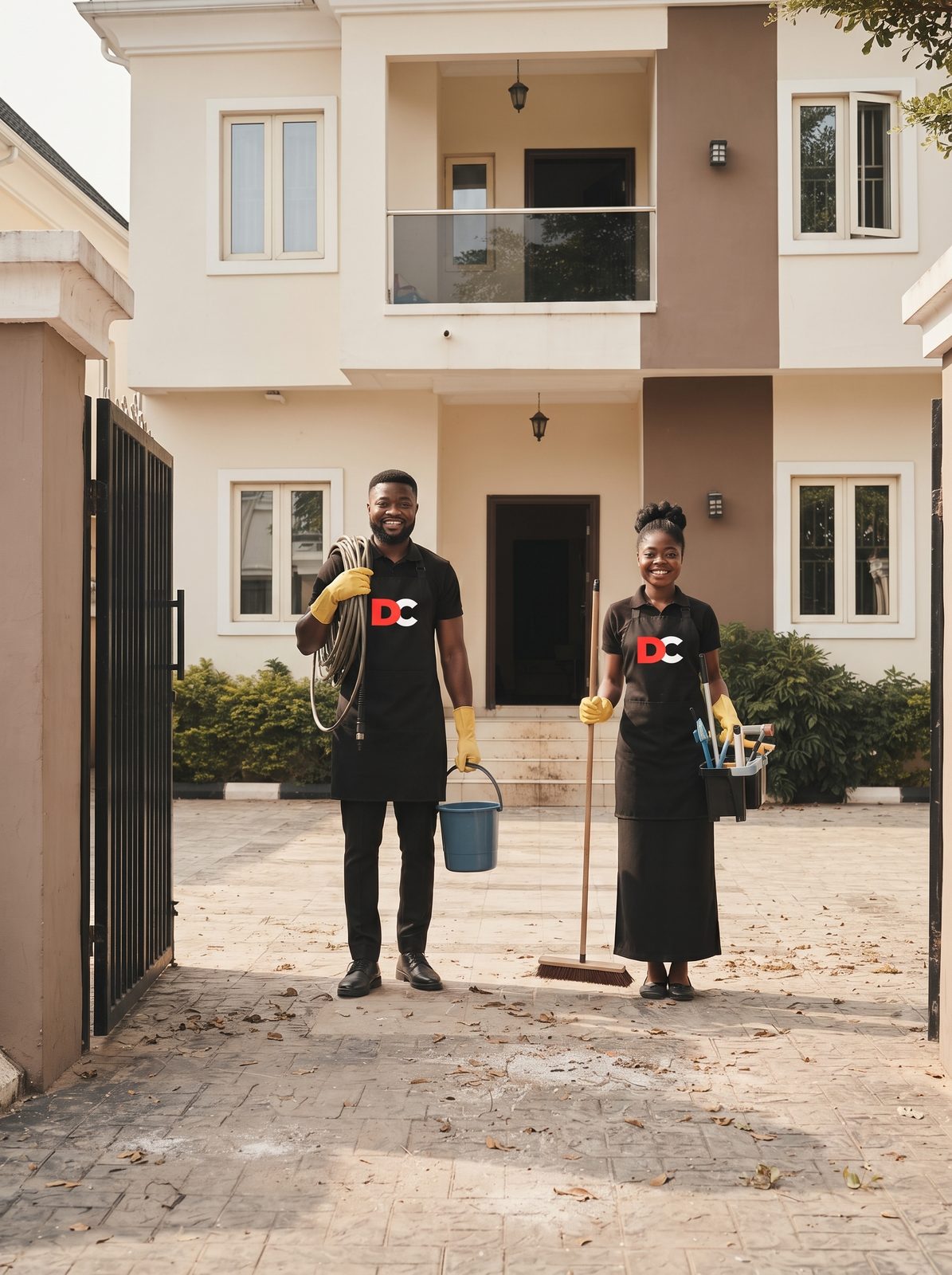 Doris Cleaning staff with brooms and buckets working outside a duplex home