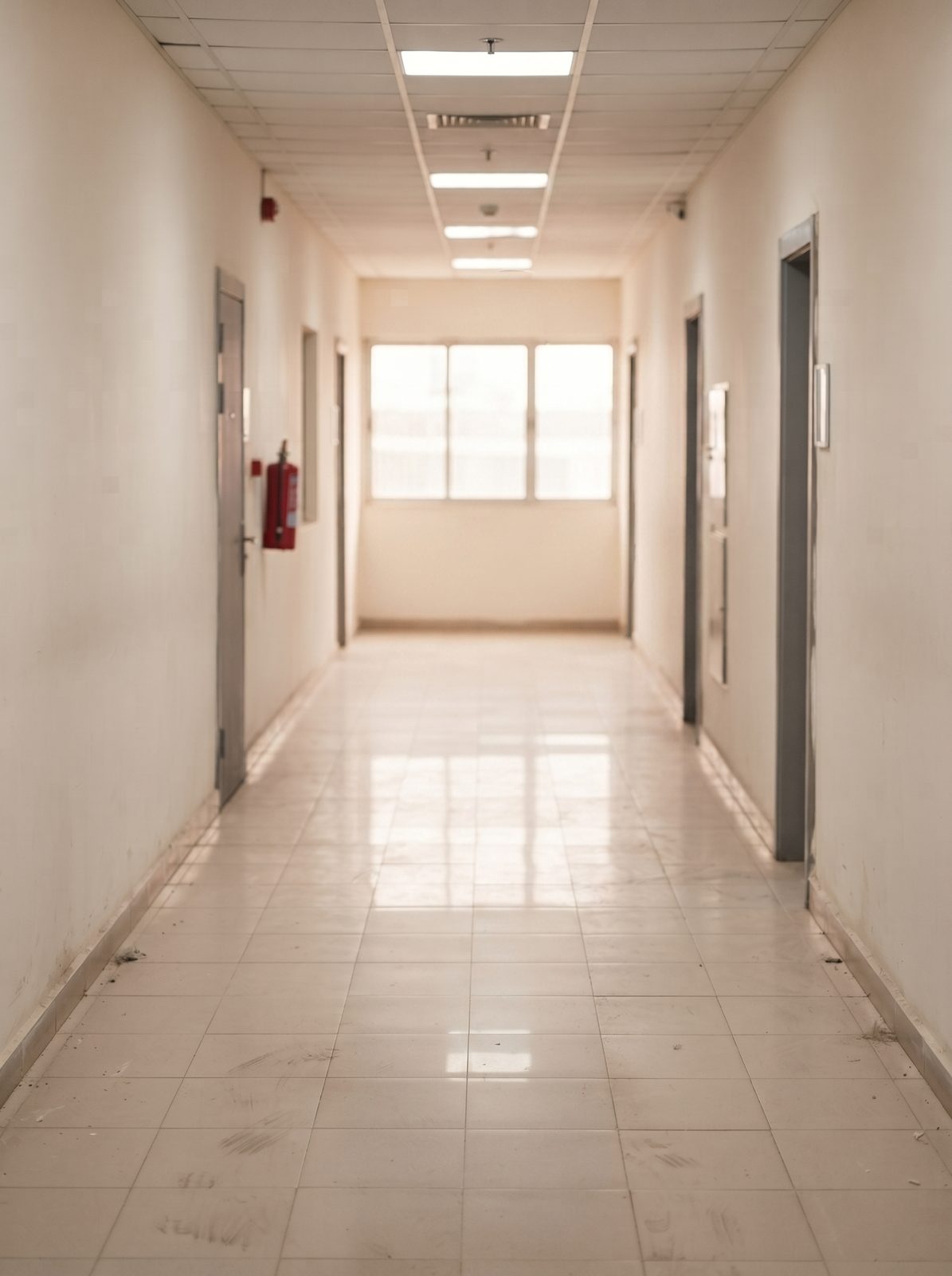A bright building corridor with freshly mopped floors after a janitorial round