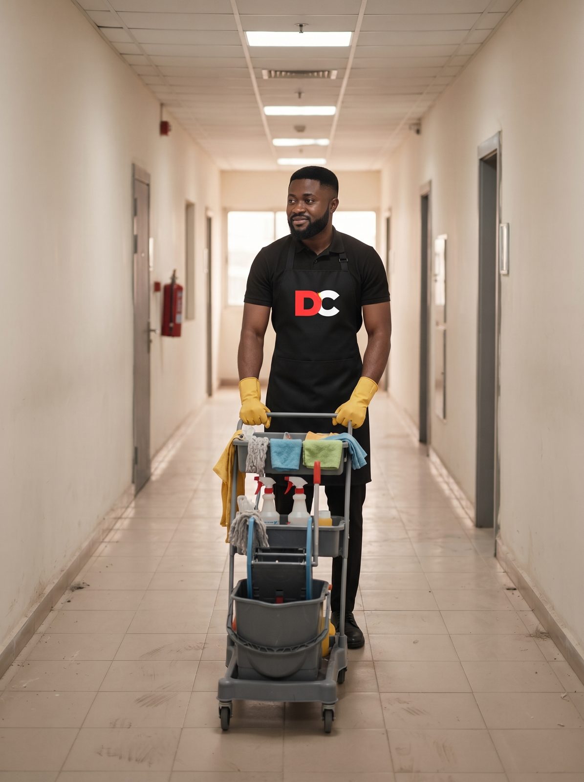 A Doris Cleaning janitor pushing a cleaning trolley along a building corridor