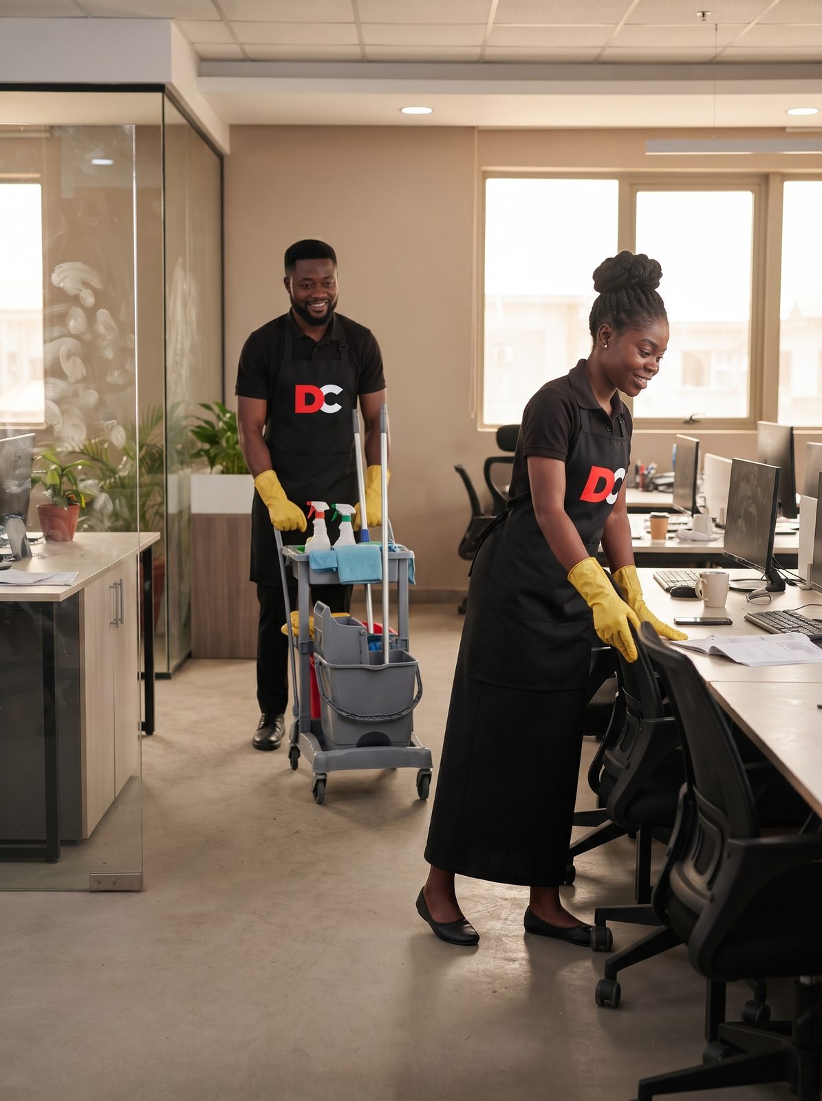 Two Doris Cleaning staff in branded aprons cleaning desks and floors in an open-plan office