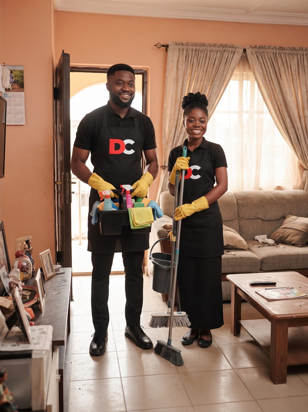 Two Doris Cleaning staff with mop and supplies cleaning a family living room